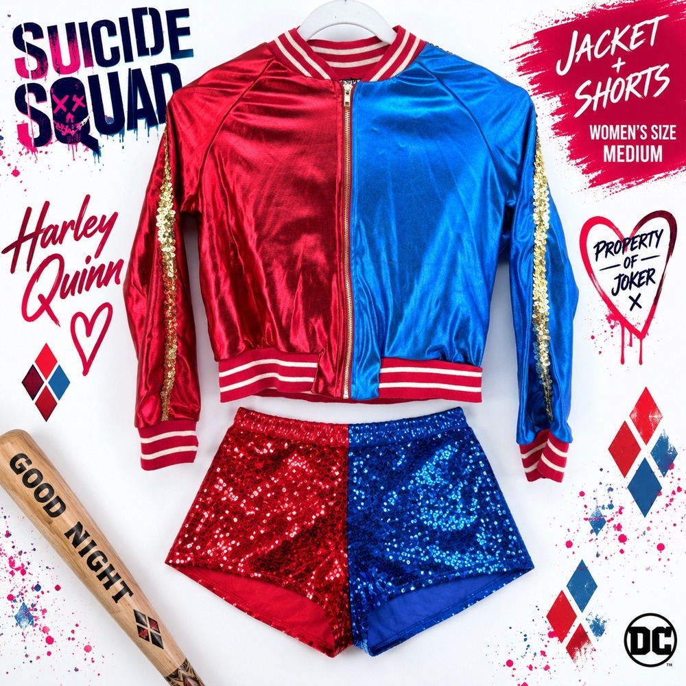 Suicide Squad Harley Quinn Bomber Jacket Women Medium Red Blue Metallic Sequin